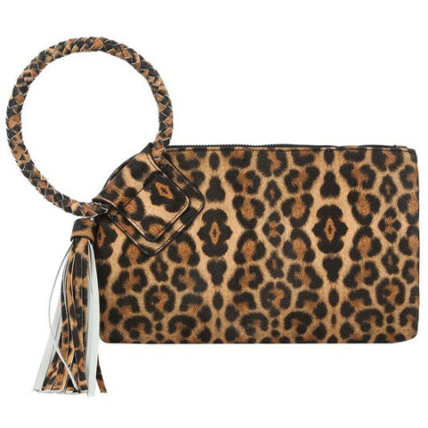 Leopard Cuff Handle Tassel Wristlet Clutch
